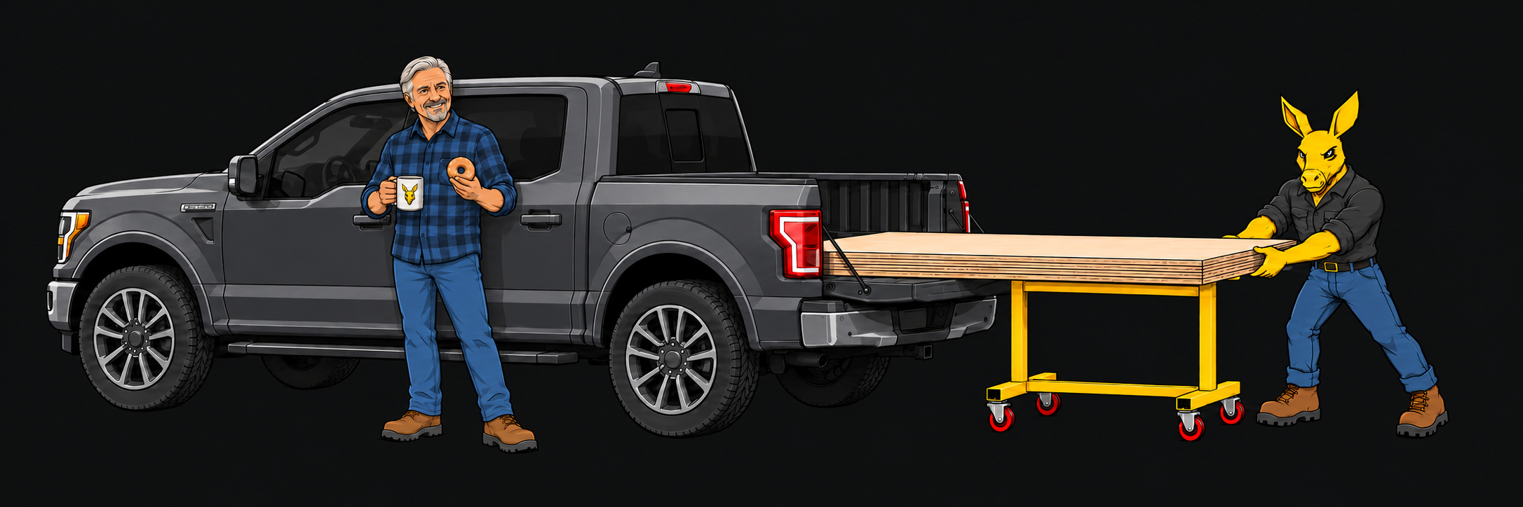 Clyde enjoys coffee and a donut beside a graphite pickup while Buck unloads plywood onto SHOPMule